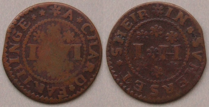 Chard, I H 1671 farthing token Chard, I H 1671 farthing token